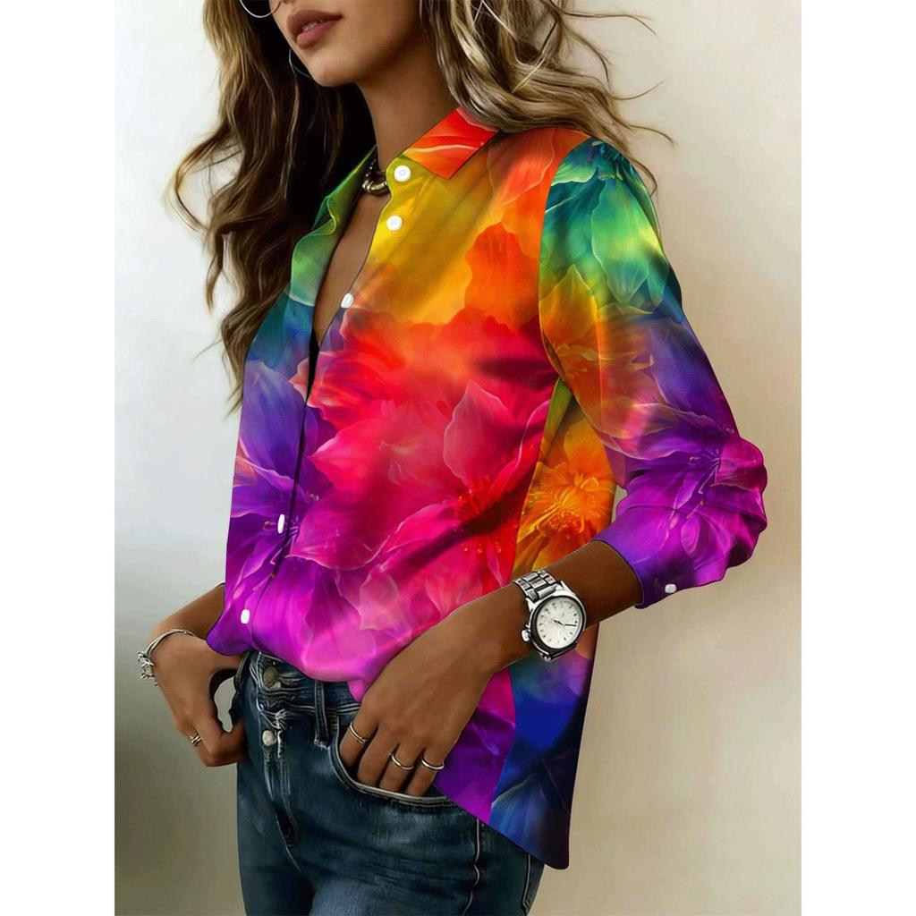 A Lady's Rainbow-print Multi-color Top with Long Sleeves and a Collar, Suitable for Both Casual and Formal Wear, a Must-have Item for All Seasons.