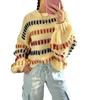 2026 Spring/Autumn Off-White Striped Chunky Knit Sweater with Loose Sleeves - Women's Casual Round Neck Knitwear