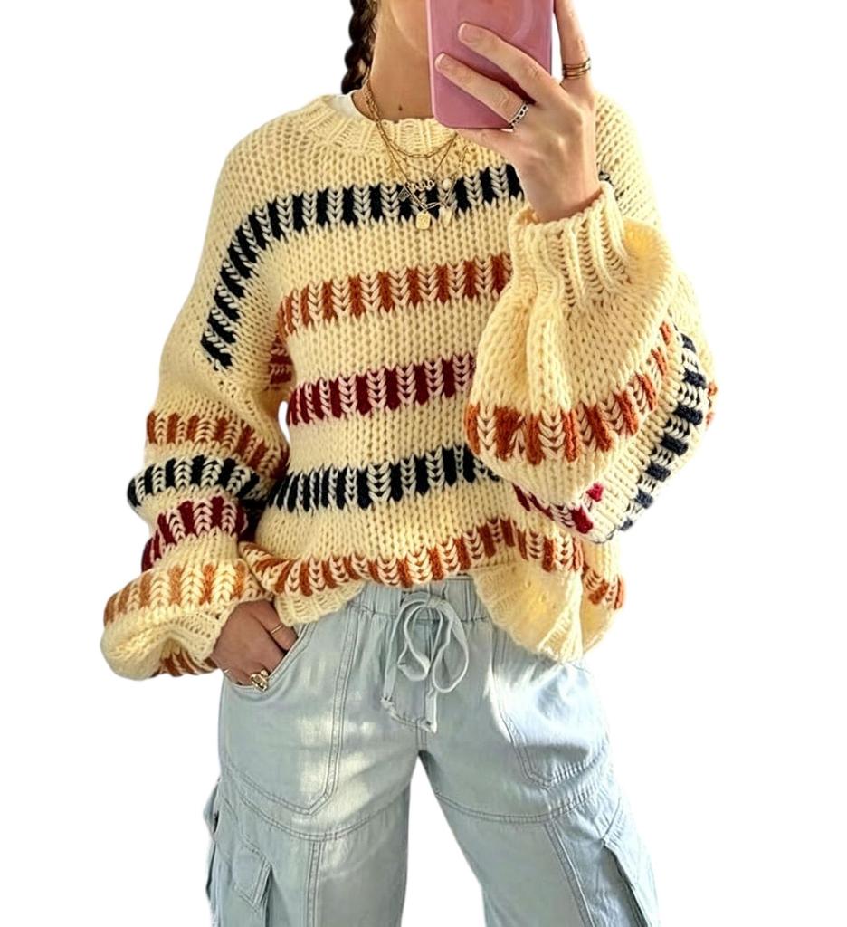 2026 Spring/Autumn Off-White Striped Chunky Knit Sweater with Loose Sleeves - Women's Casual Round Neck Knitwear