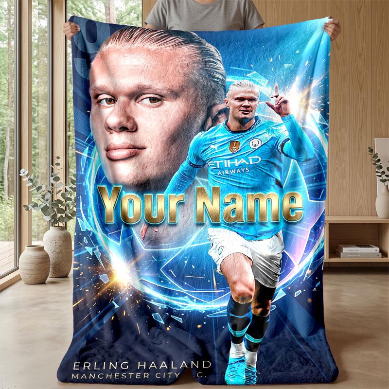 Erling Haaland Custom Name Text Flannel Blanket Soccer Logo Personalized Fleece Throw Blanket Special Gift For Sofa Bedroom Home