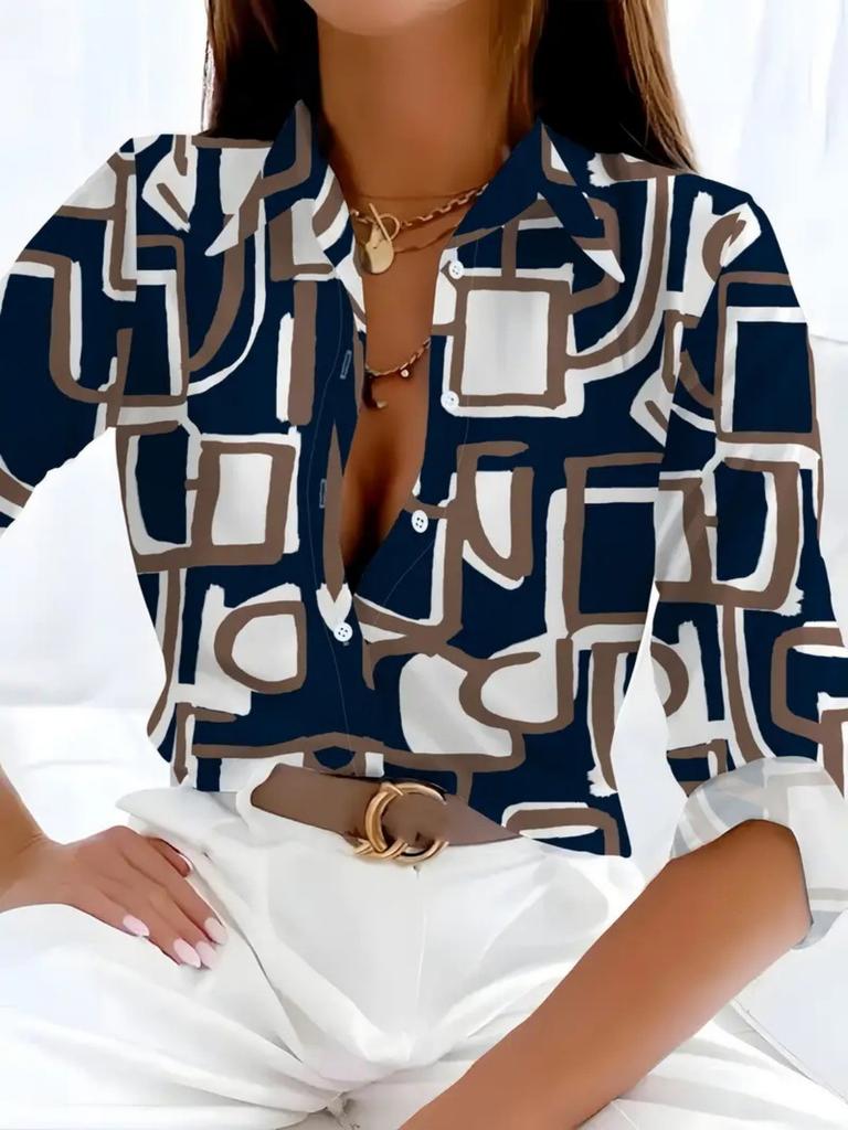 Stylish Chain Print Long Sleeve Shirt, Women's Blouse