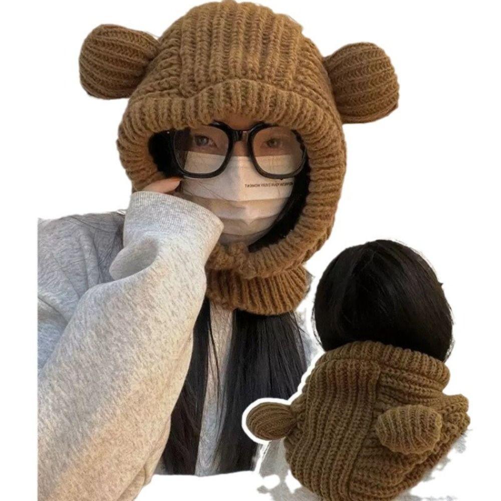 Windproof Balaclava Hat Bear Ear Pullover Hat Cute Ear Protection Scarf Hat  Female/Girls