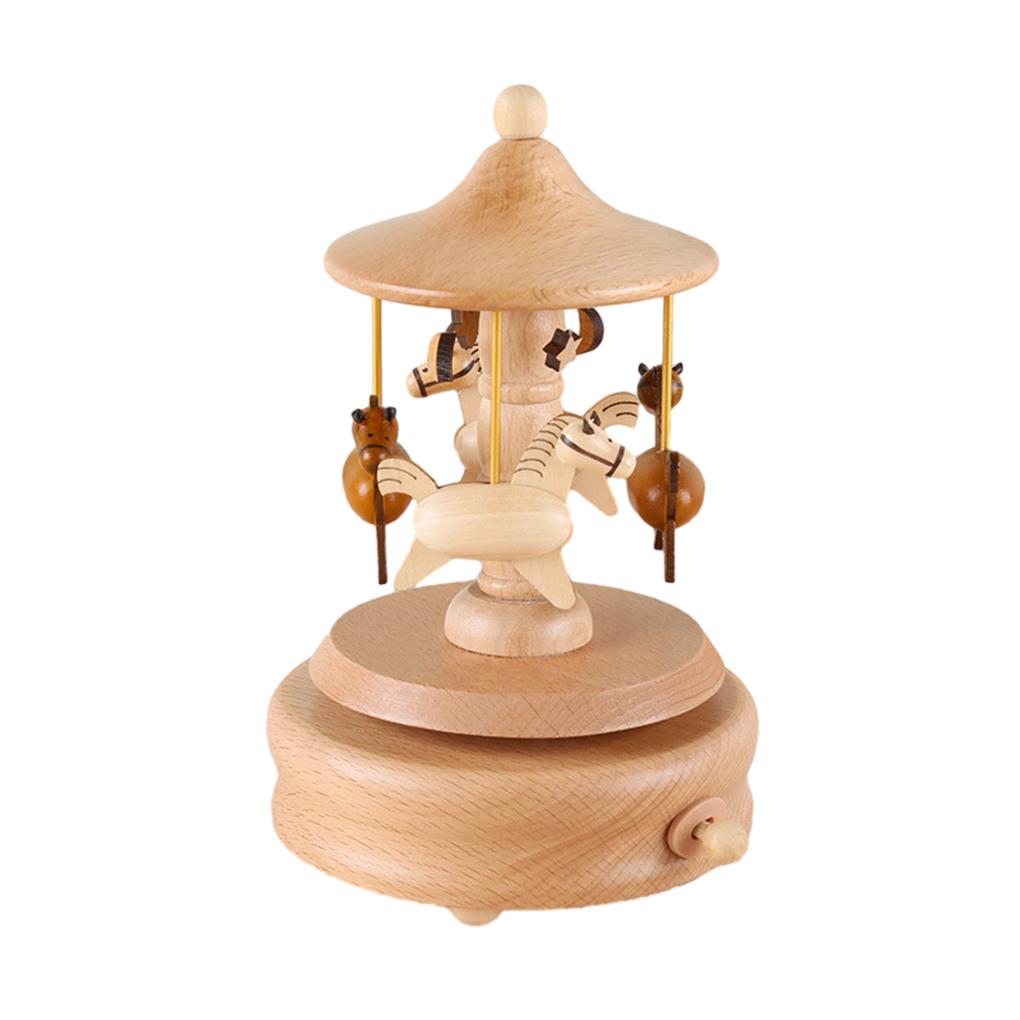 Wooden Carousel Music Box Ornaments Rotatable Hand-cranked Music Box DIY Handmade Birthday Christmas Gift Children’s Toys