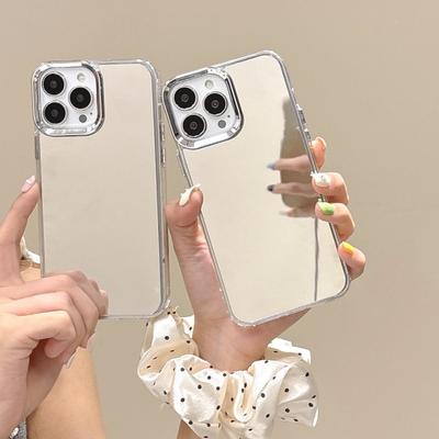Modische Handyhülle mit Make-up-Spiegel für iPhone 15 Plus 14 Pro Max 13 12 Pro 11, glänzende Beschichtung, stoßfester Linsenschutz, schlanke TPU-Abdeckung