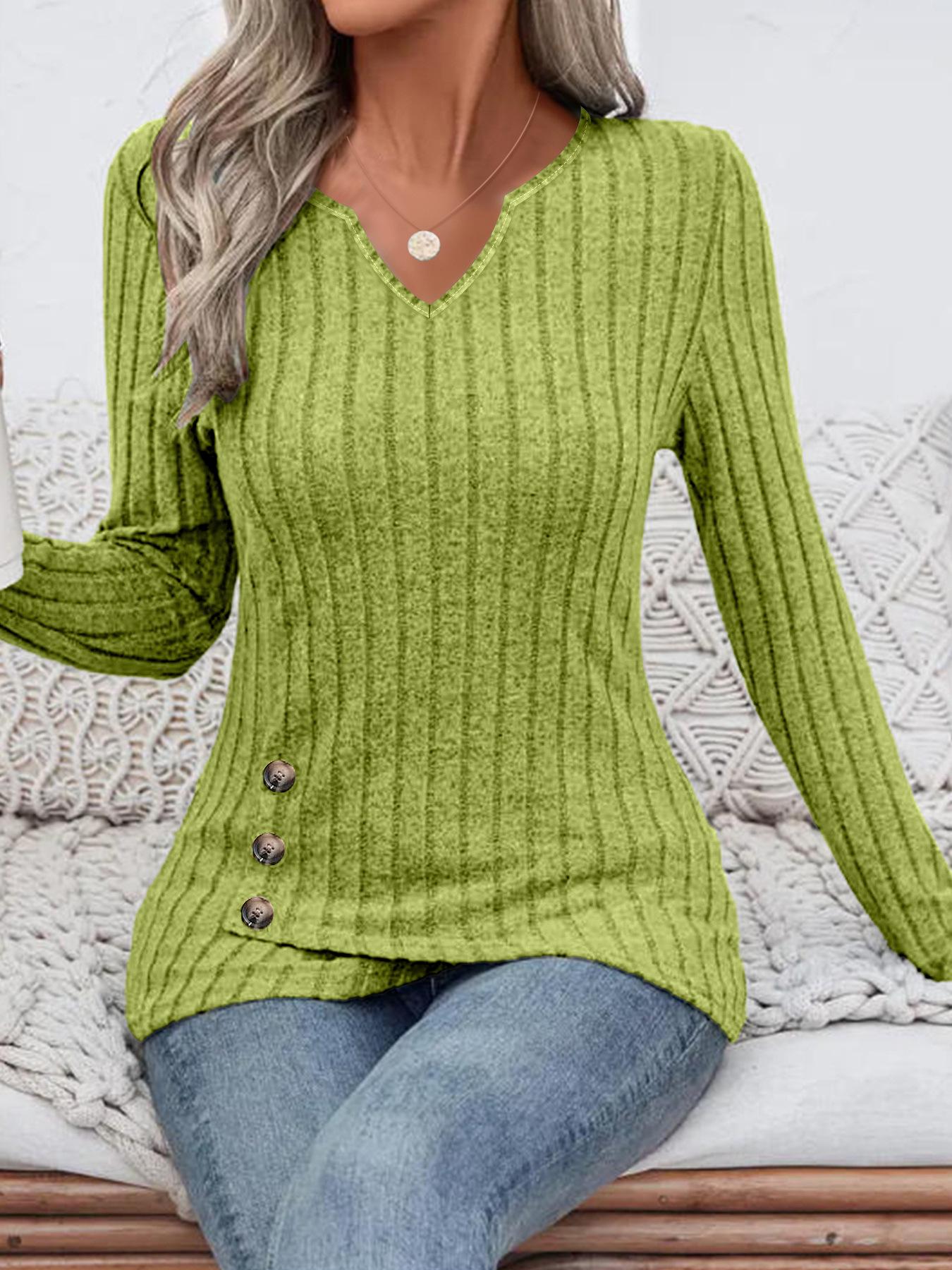 2025 Autumn/Winter Women s Ribbed V-Neck Long Sleeve Knit Top - European & American Fashion S оливковое зеленый