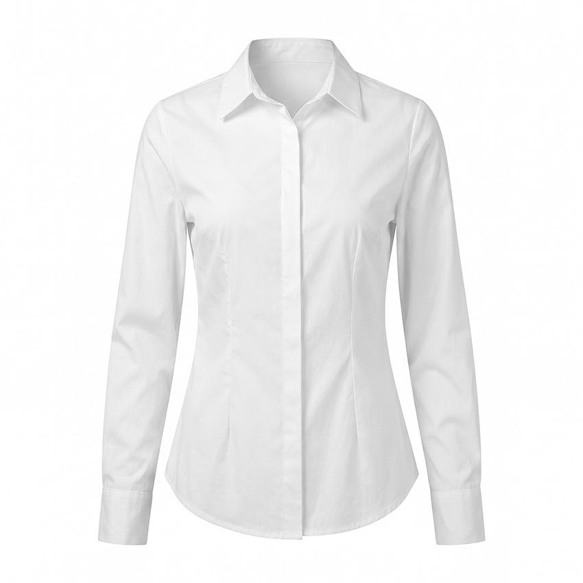 Basic reiner Baumwoll-Weiß-Taille Langarmhemd Damen 1116 Europäisches und Amerikanisches Pendler-Temperament Dünnes vielseitiges Oberteil