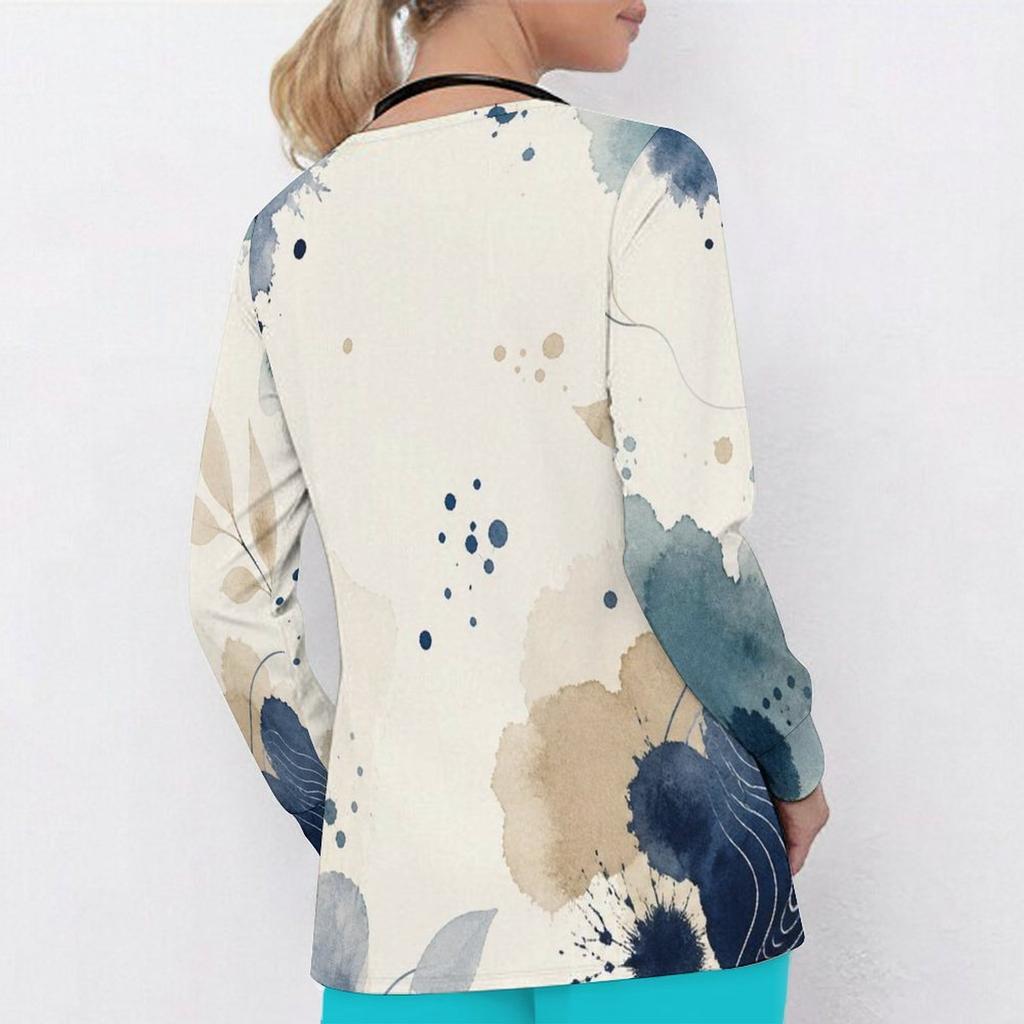 Women Plus Size Floral Leaf Print Scrub Top V Neck Long Sleeve With Front Pockets