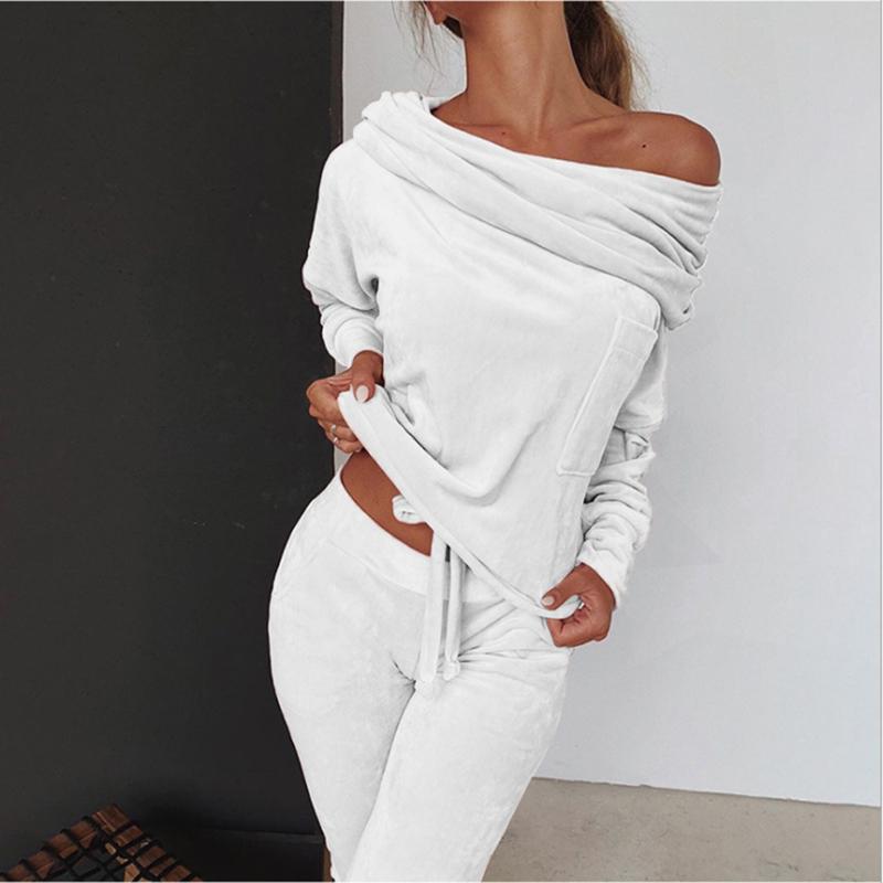 

Женская мода осенне-зимнего повседневного комплекта из 2 предметов из кораллового флиса с открытыми плечами + длинные брюки Комплекты для бега Дышащая спортивная одежда Одежда для йоги S белый