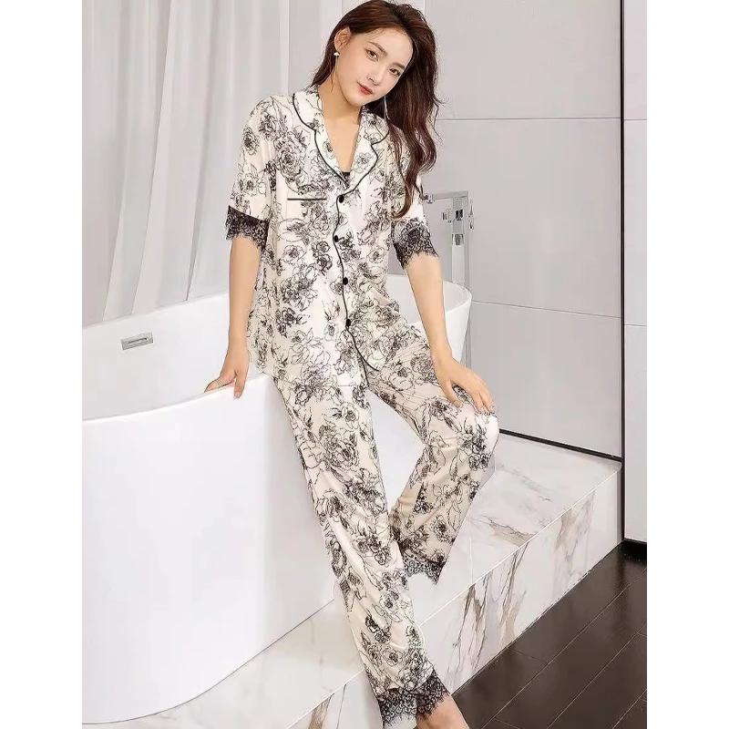

Элегантная кружевная пижама с принтом пиона в китайском стиле, классическая художественная эстетика, ночная рубашка, новая летняя женская пижама XXL чёрный