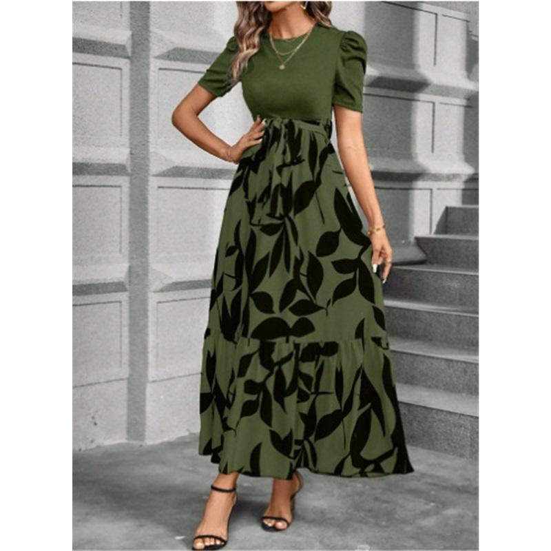 Women s Floral Print Round-Neck Casual Elegant Dress for Spring/Summer 2XL