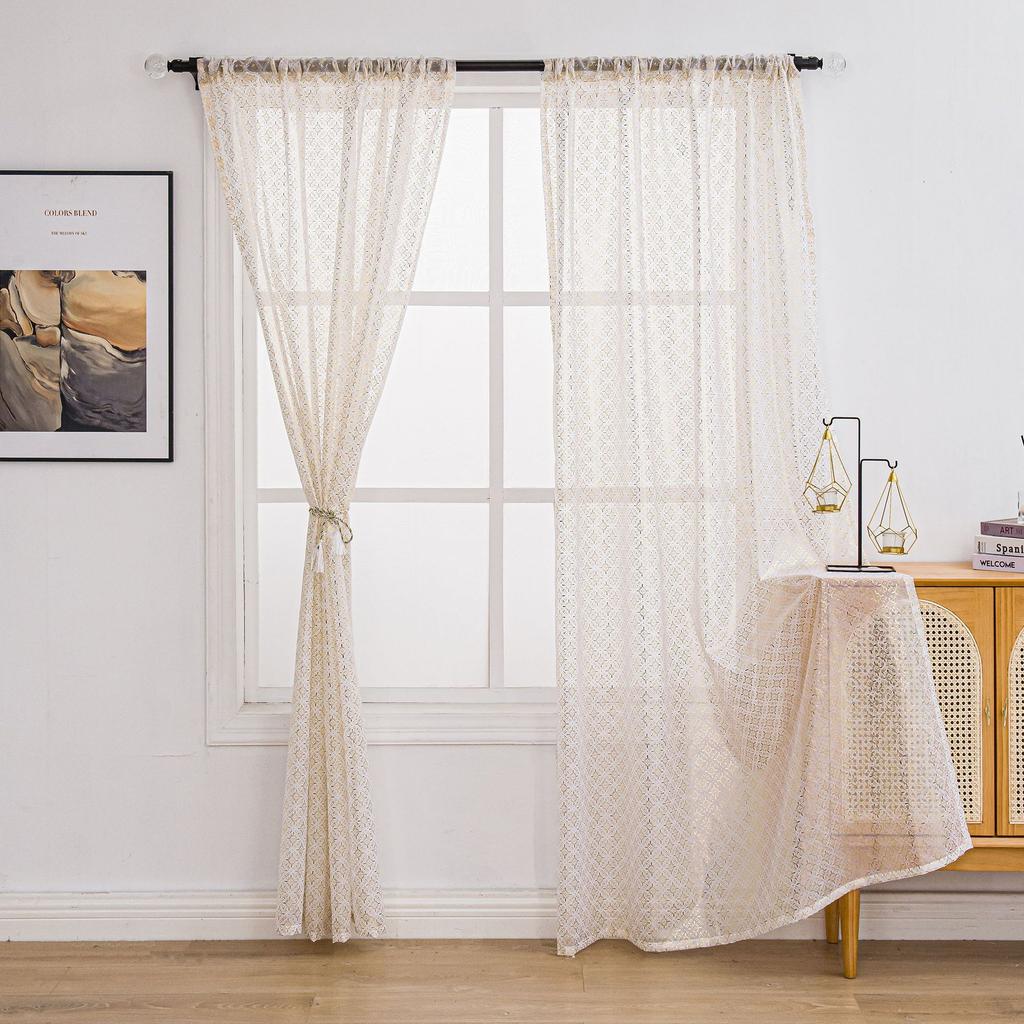 Living Room Sheer Curtain – European Embossed Pattern, Gold Foil, Semi-Blackout, Rod Pocket Window Drape, 1 Panel