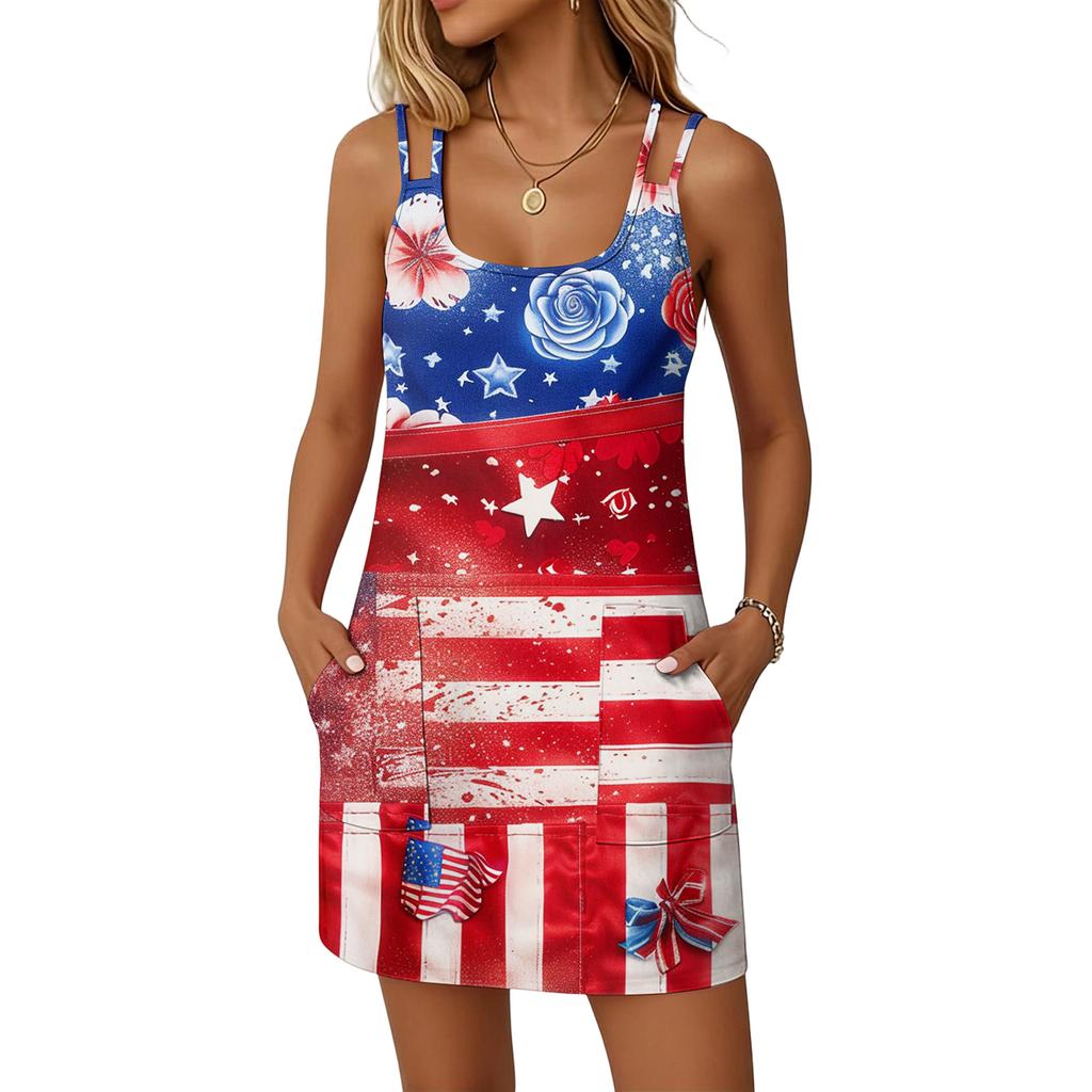 Women’s Fashionable Casual Independence Day Printed Dress, Double-Strap Dress With Pockets