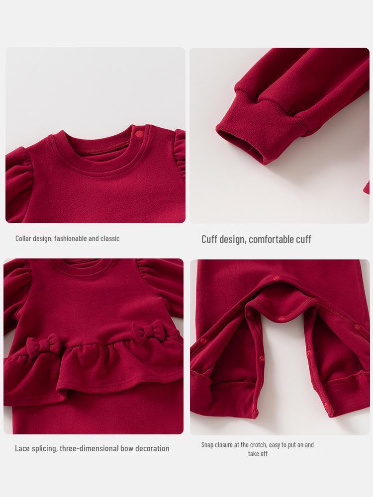 Wine Red Baby Girl Thermal Fleece Onesie: Autumn/Winter Crawling Suit Gift for 100-Day Celebration
