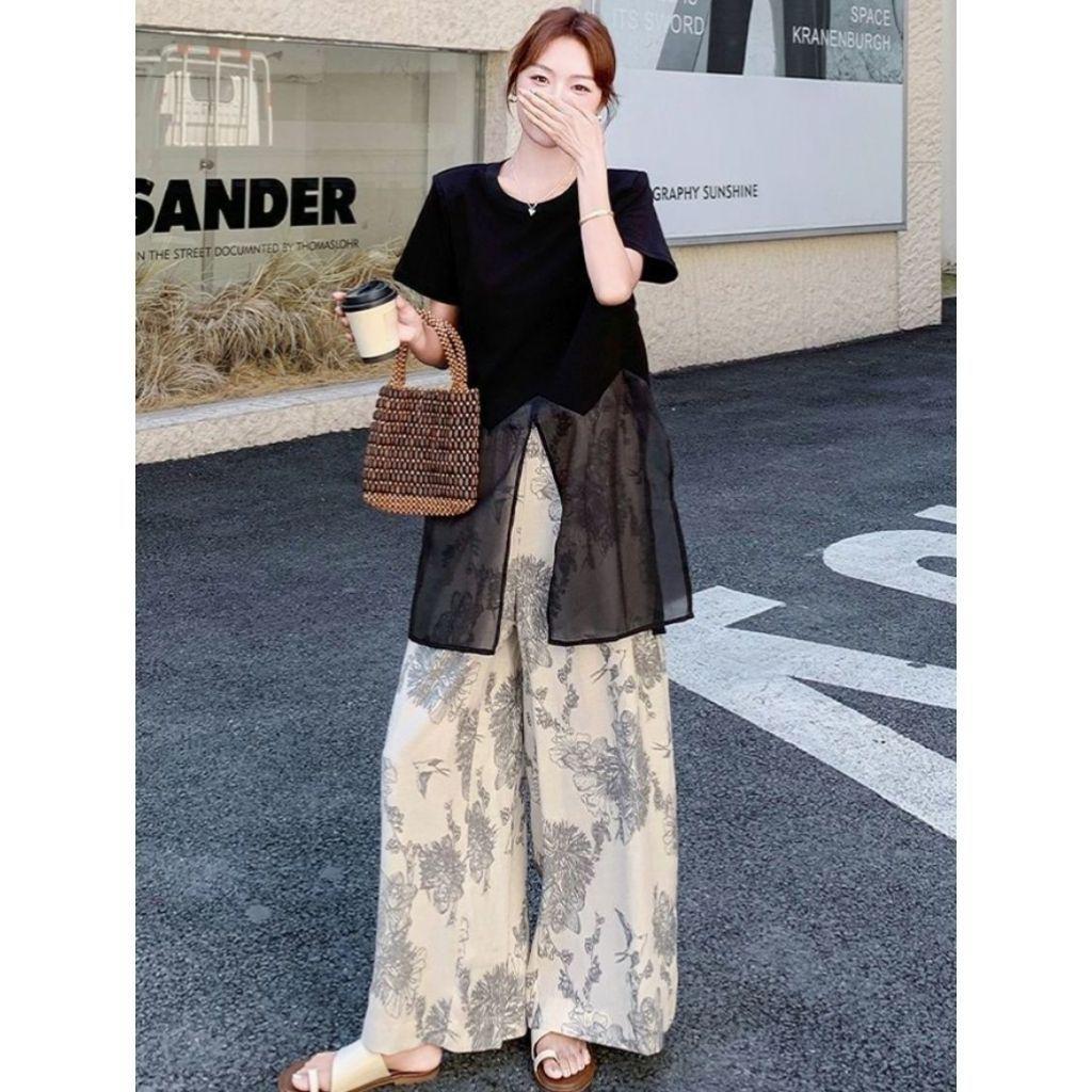 

Plus Size Retro Chinese Slit Top & Wide-Leg Pants Set for Women - Summer 2026 Casual Print Two-Piece XL