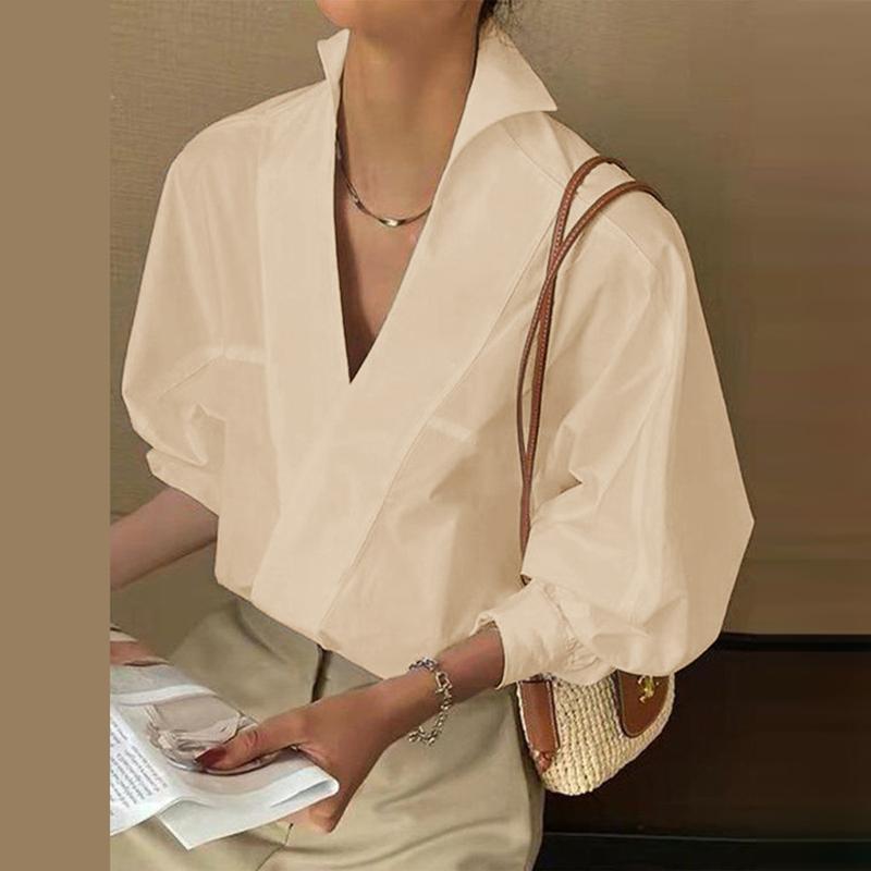 ZANZEA Elegante Damenblusen mit V-Ausschnitt, Puffärmeln, langen Ärmeln, einfarbig, lockere Bluse