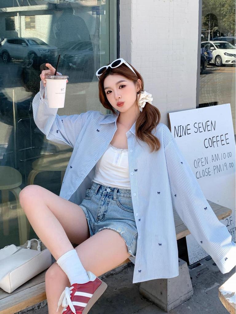 2026 Women's Blue & White Striped Bow Embroidery Long Sleeve Shirt - Unique Mid-Length Stylish Early Autumn Top