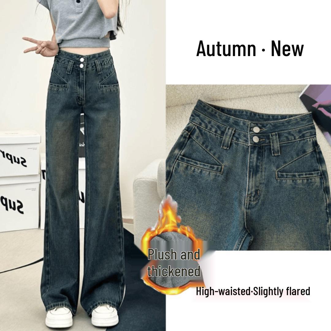 Women s 2024 High-Waisted Slimming Retro Wide-Leg Flannel-Lined Winter Jeans L