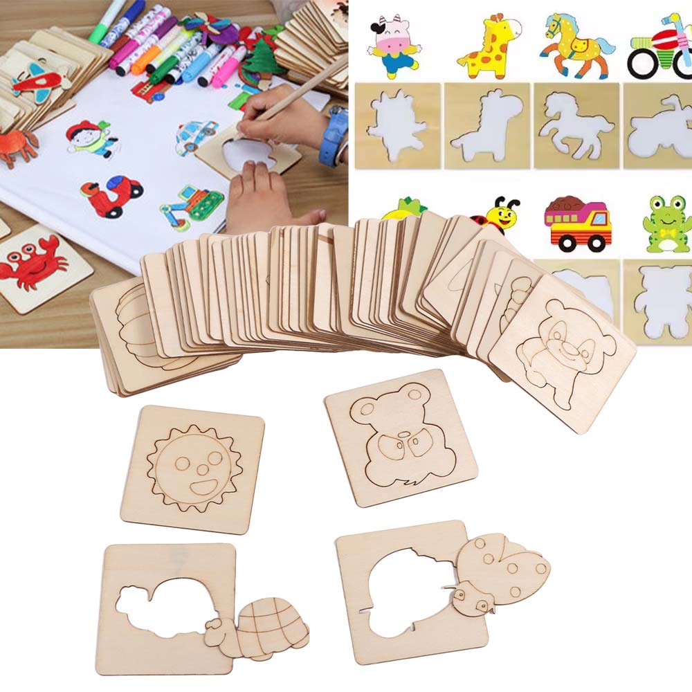 Hollowed Out Template Wooden Painting Stencils Painting Template for 60Pcs/set Children's Gifts
