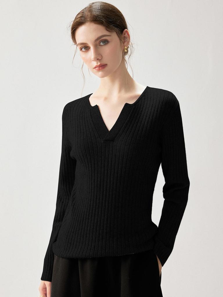 Ribbed Cashmere V-Neck Sweater - Women's Elegant Slimming Pullover for Autumn 2026