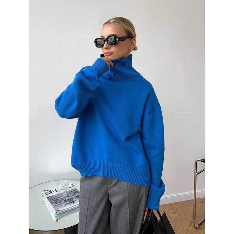 Womens Oversized High-Neck Knit Pullover Sweater Soft Thick Plain Color Casual Long Sleeve Top