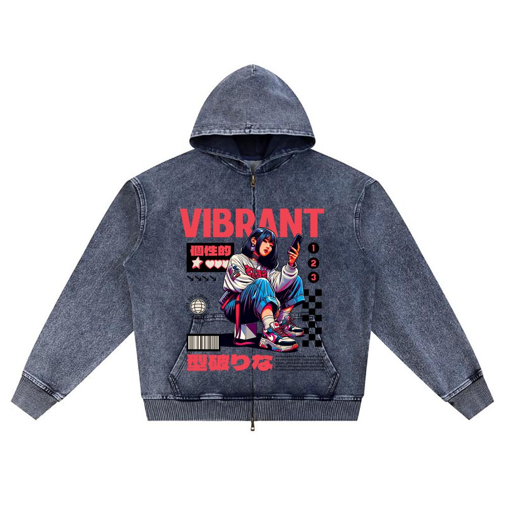DTG Print Knitted Denim Zip-Up Hoodie VIBRANT Brother Print Zipper Hoodies