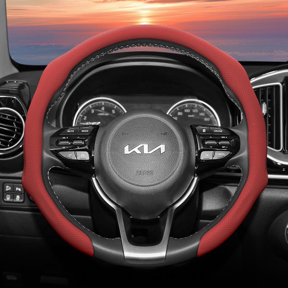 Suitable for Kia Perforated Leather Steering Wheel Cover, Non-Slip, Sweat-Absorbent, Breathable, Integrated Protective Case Sportage K5 Seltos Forte