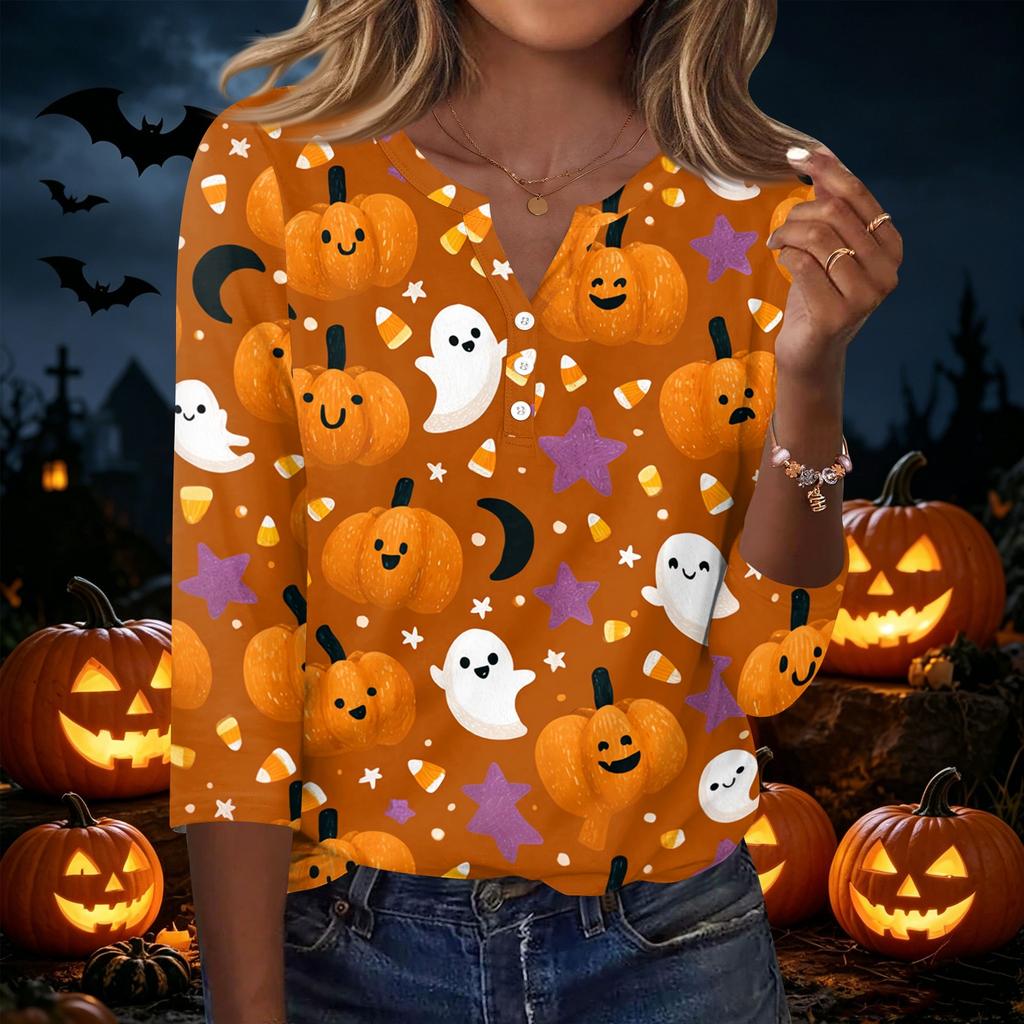 Women Casual Halloween Printed V Neck Button Three Quarter Sleeve T Shirt Top Lightweight Comfortable Fit Seasonal Style