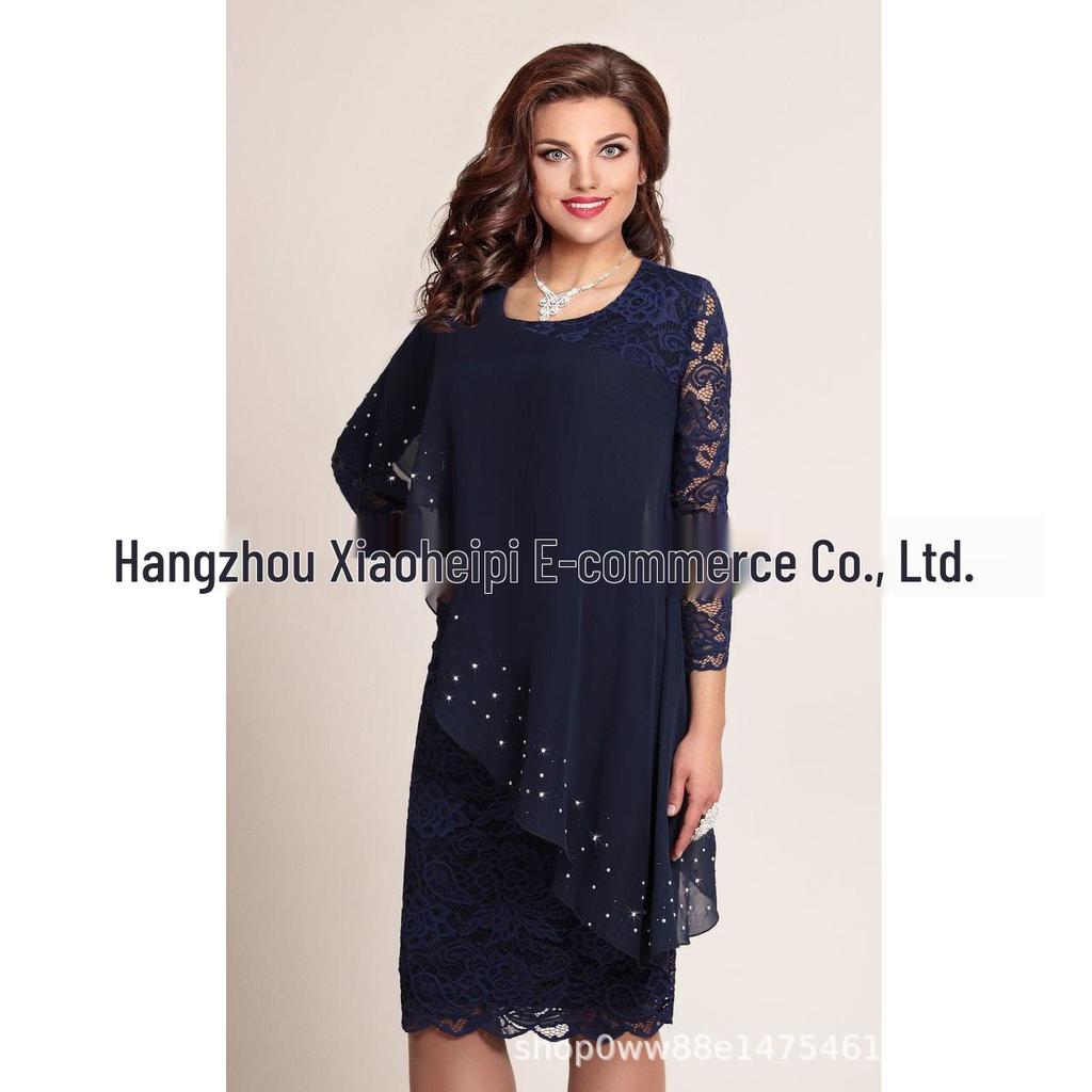 Elegantes Abendkleid in Übergröße mit Spitzen-Patchwork und Siebenarmärmeln - Damenmode