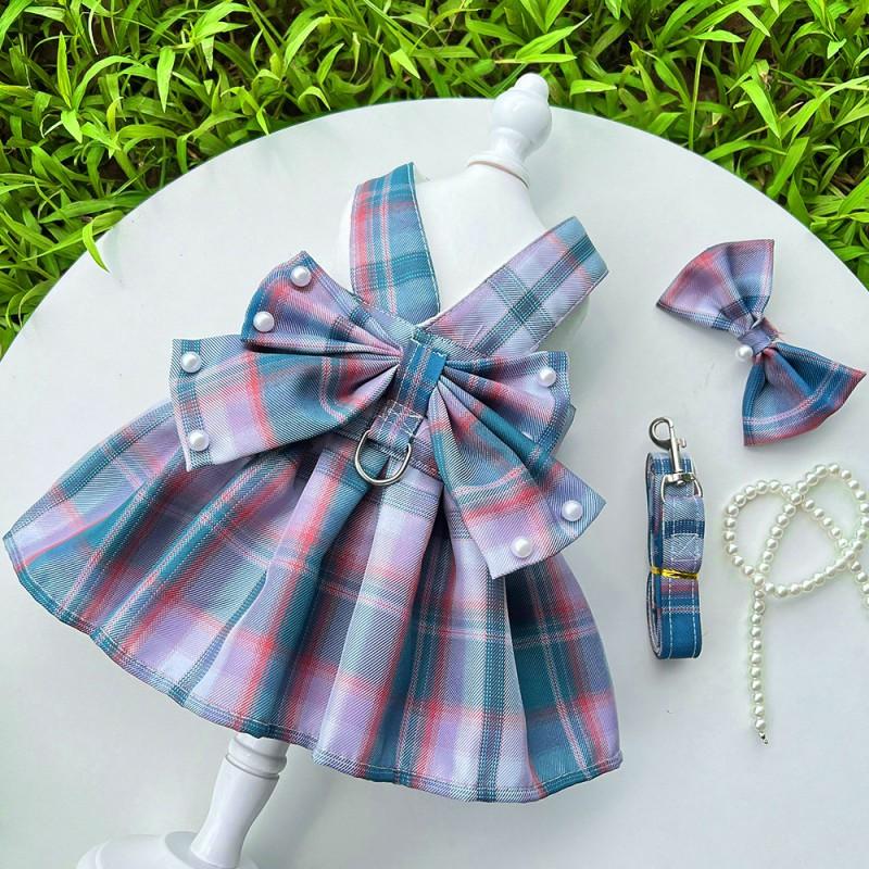 Pet JK Plaid Dress With Harness Loop Small Dogs Cats Teddy Bichon Corgi