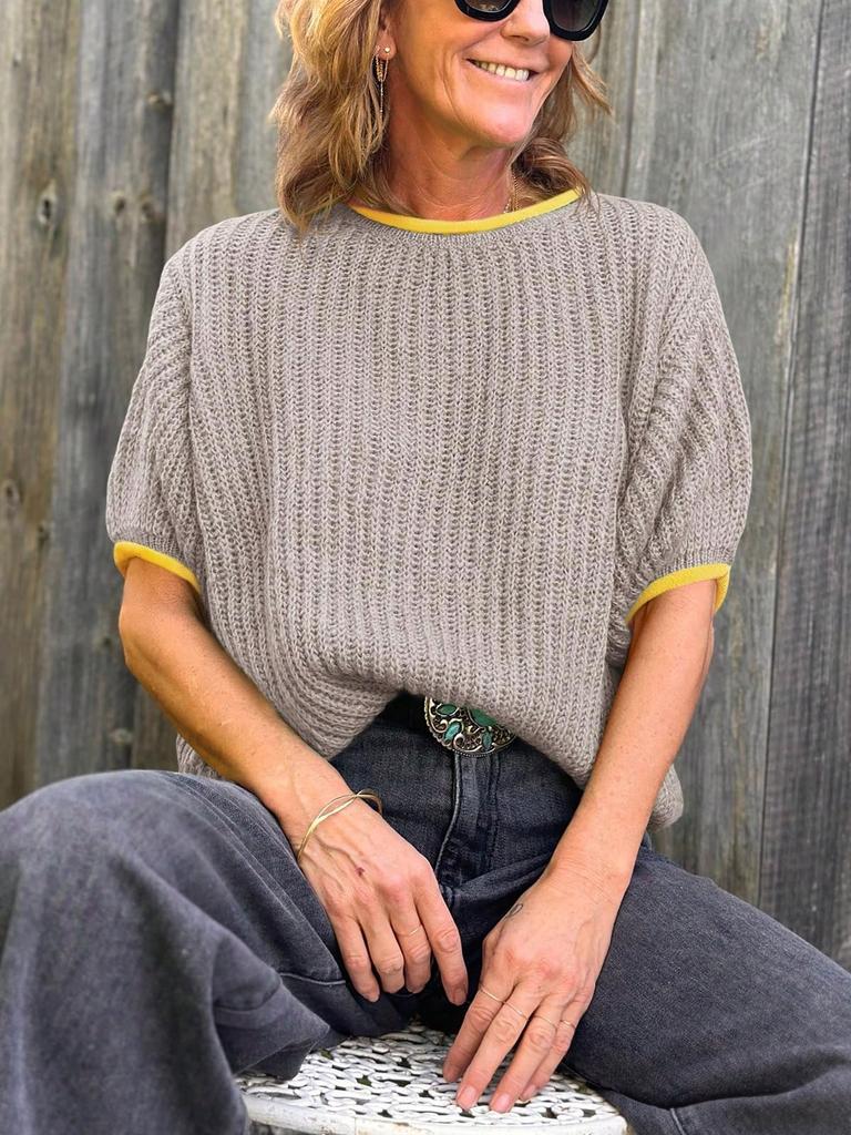 Women's Color Block Puff Sleeve Knit Sweater Crew Neck Ribbed Going Out Top