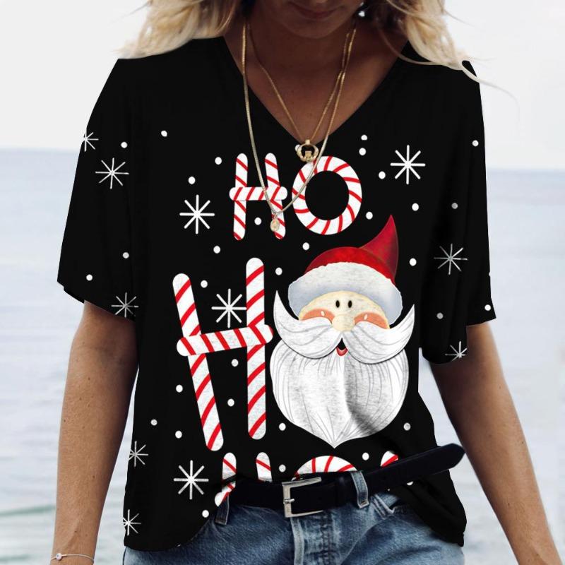 Plus Size 6XL Merry Christmas Women's Short sleeved V-neck T-shirt Christmas Tree Santa Claus Letter Print Simple Trendy Trend Women Clothing