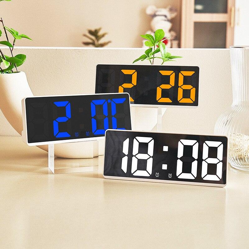 Led Mirror Alarm Clock Voice Control Digital Table Clock Temperature Snooze Display Night Mode Bedroom Bedside Clock Home Decor