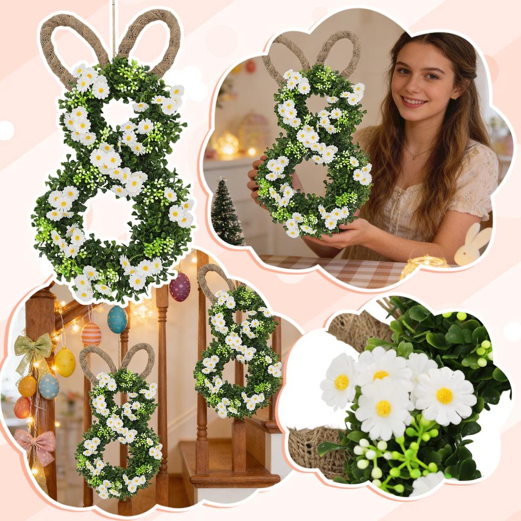 50*25cm Easter Bunny Wreath With Flowers, Bunny Shaped Pendant, Front Door Decoration
