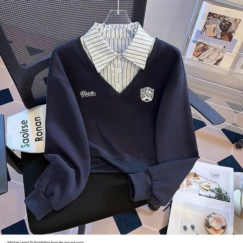 Plus Size Two-Piece Patchwork Polo Neck Sweatshirt - Women's Loose Slimming College Style for Spring & Autumn