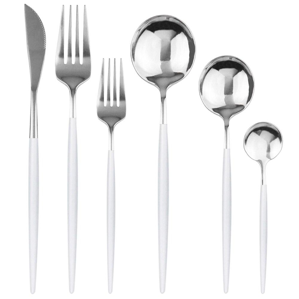 6Pcs Dinnerware Set White Gold Cutlery Set For One 304 Stainless Steel Knife Forks Spoons Dinner Set Kitchen Silverware Tableware Set