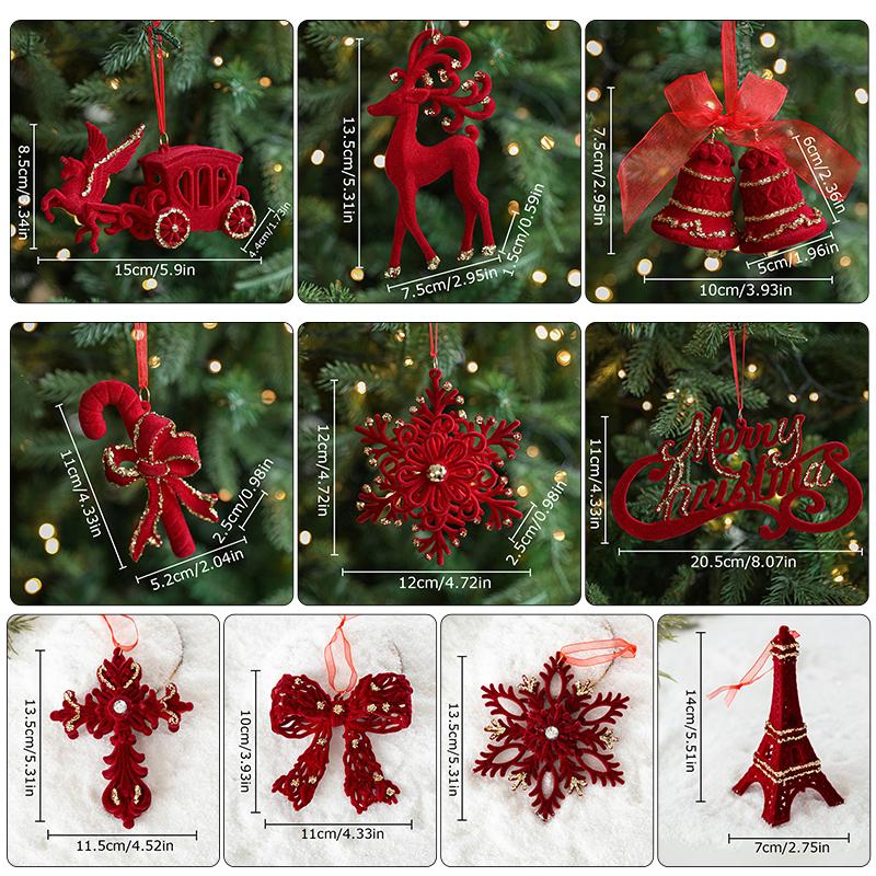 Gold Powder Red Christmas Decoration Flocking Pendant Bow Wreath Christmas Tree Hanging Ornament Xmas New Year Party Home Decor