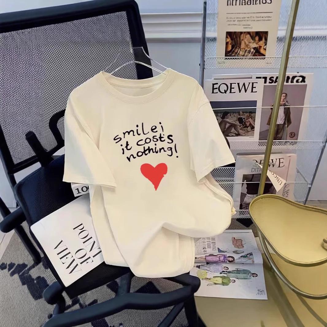 

Women s Korean Style Casual Letter Heart Five-Sleeve Loose Tee XXL абрикосовый