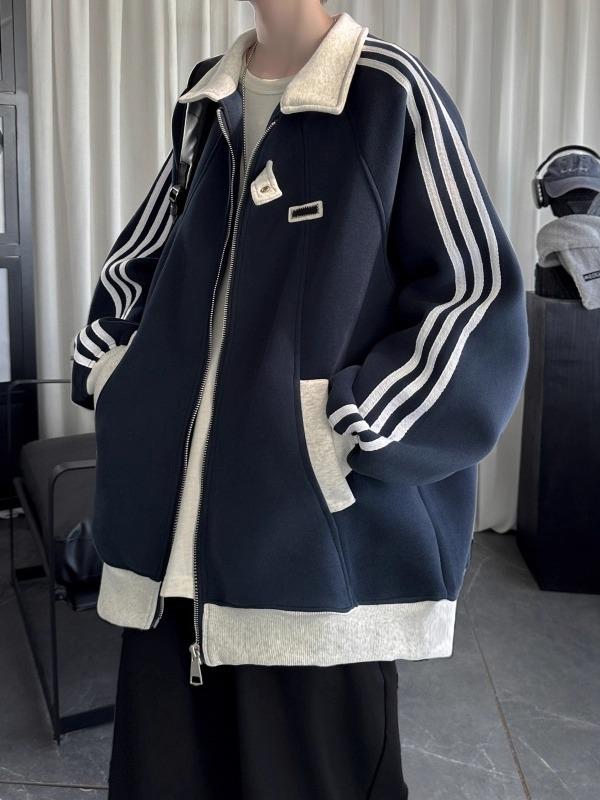 American College Style Plus Size Striped Hoodie - Unisex Casual Loose Cardigan