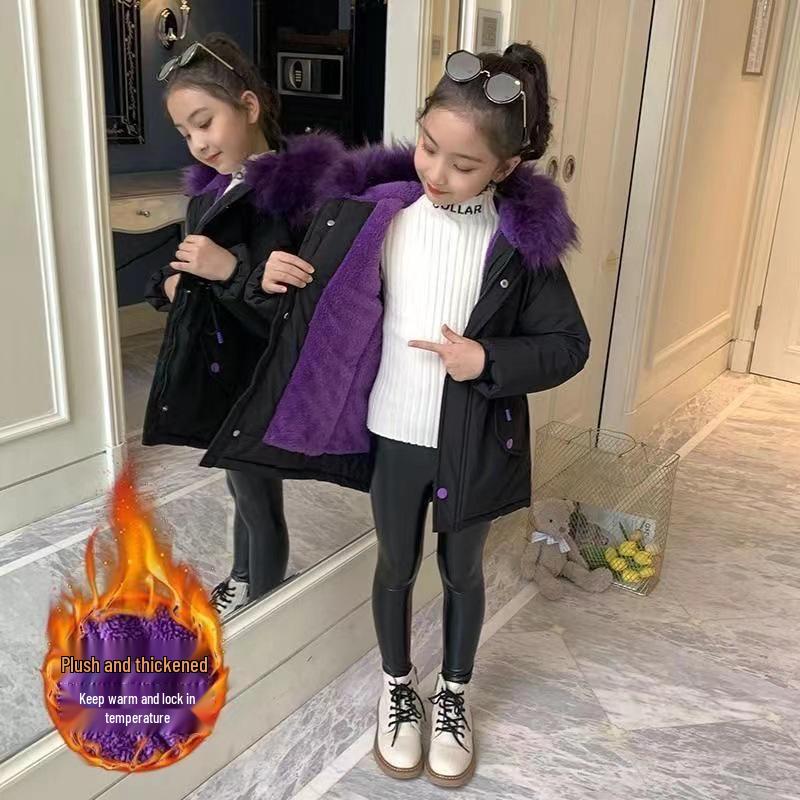 2023 Fashionable Korean Style Girls' Thickened Fleece-Lined Winter Parka Coat