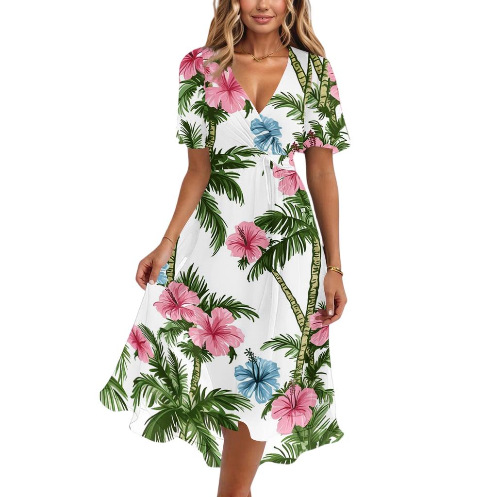 Vestido Casual de Mujer con Cuello en V de Manga Corta, Estampado Floral Vintage, Largo hasta la Rodilla, Ligero para Verano, con Falda Acampanada y Corte Relajado