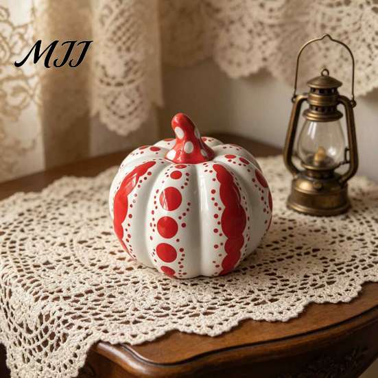 Autumn Harvest Table Centerpieces Ceramic Pumpkin Sculpture, Modern Polka Dot Figurine, Farmhouse Fall Seasonal Mantel Decor Tabletop Decoration