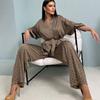 Fashion Satin Cardigan Shoelace Printed Loose Top Pants Suit Homewear Top and Pants Suit