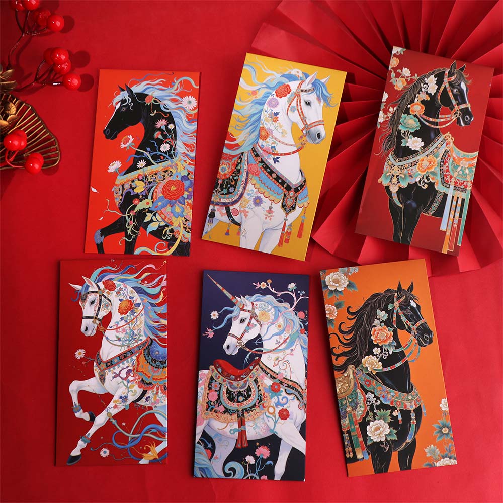 6 Stück Pferd-Jahr-Design Chinesisches Neujahrs-Umschlag Cartoon Traditioneller Geldumschlag Segen Kreativer Roter Umschlag