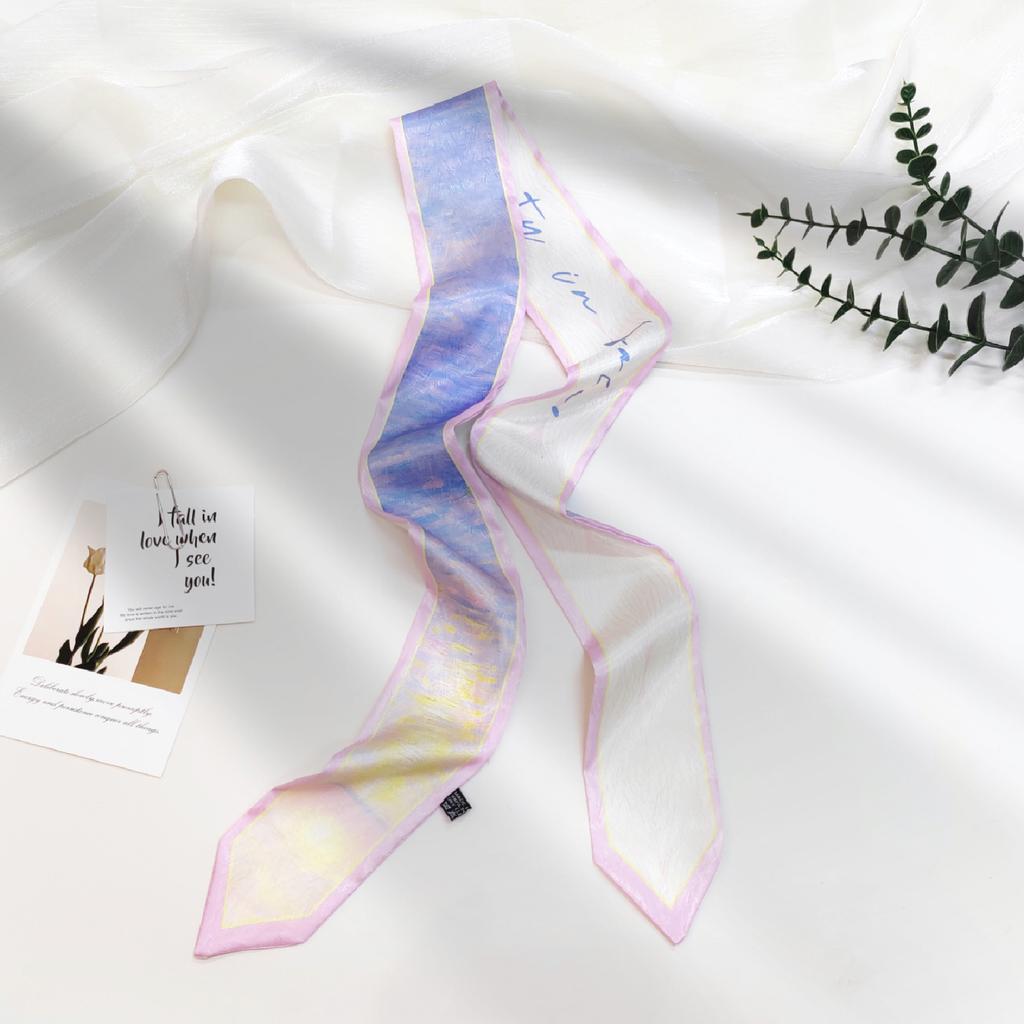French green small long narrow silk scarf women's spring and autumn pointed corner tied bag ribbon braided hair band headgear scarf streamer belt