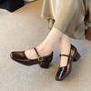 2025 new fashionable versatile square head shallow mouth middle heel women's shoes one-word buckle Mary Jane shoes single shoes women's small leathe