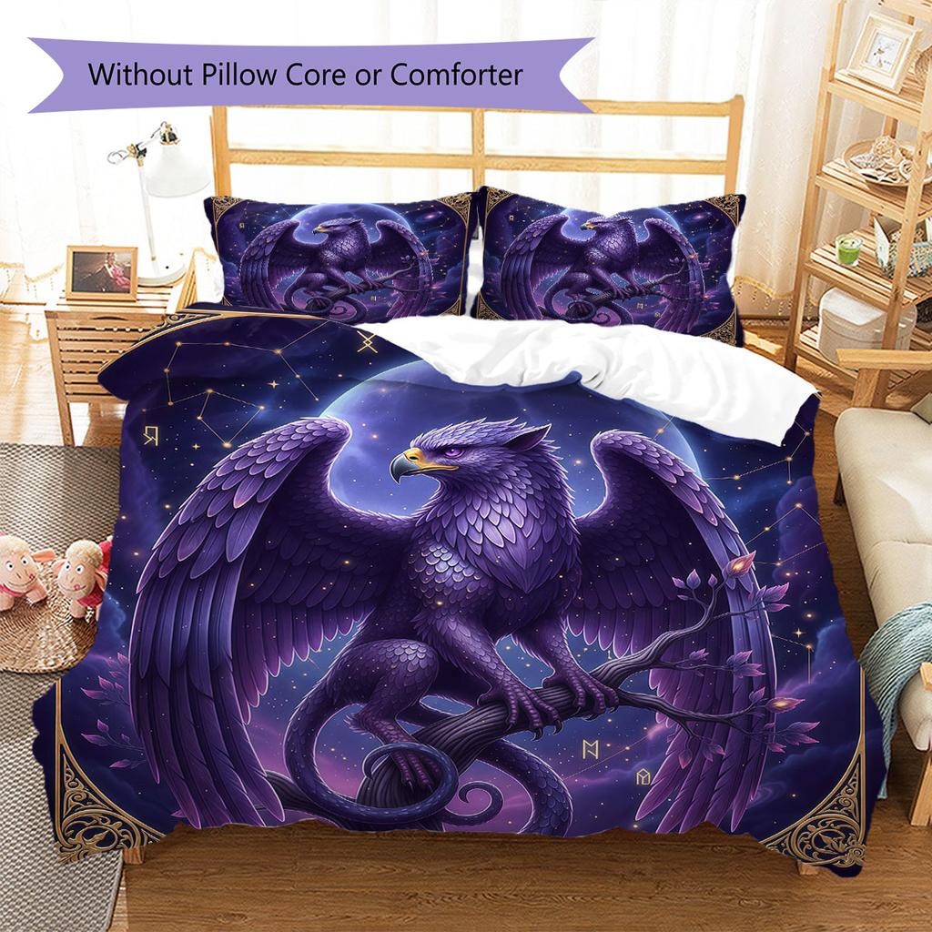 Purplemythicalcreature Pattern Bedding Quilt Set Quilt Cover Pillowcase Home Decoration Birthday Gift (1 * duvet cover + 2 * pillowcase, without core)