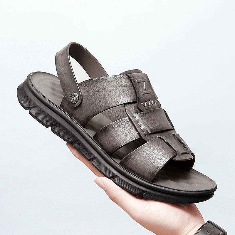 

Летние мужские пляжные сандалии из натуральной коровьей кожи, нескользящие, водонепроницаемые тапочки, дышащие, двухразовые сандалии, домашние тапочки 46 серый