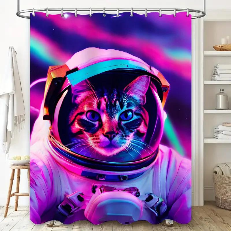 Space Explorer Cat Bath Mat Astronaut Shower Curtain Neon Purple Pink Blue Galaxy Space Decor For Bathroom Perfect Gift Ideas Fo