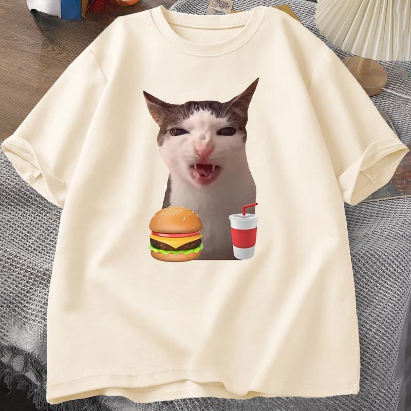 Cat Crunching Food Meme Tshirt Women Unisex Silly T Shirts Funny Cat Eating TShirt Cotton Short Sleeve Graphic Tees Streetwear