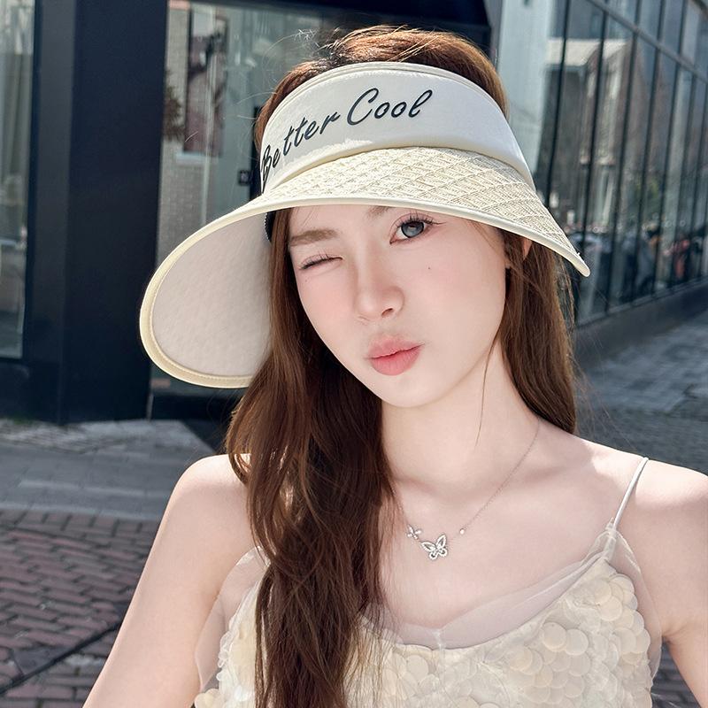 Summer alphabet straw hat women's UV protection empty top hat outdoor big brim basin hat beach travel sun hat